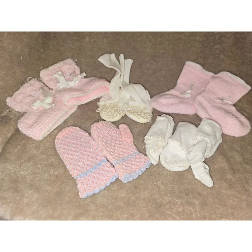 Vintage Baby Booties Mittens Socks Set, Knit Lace Ruffle 7 pairs